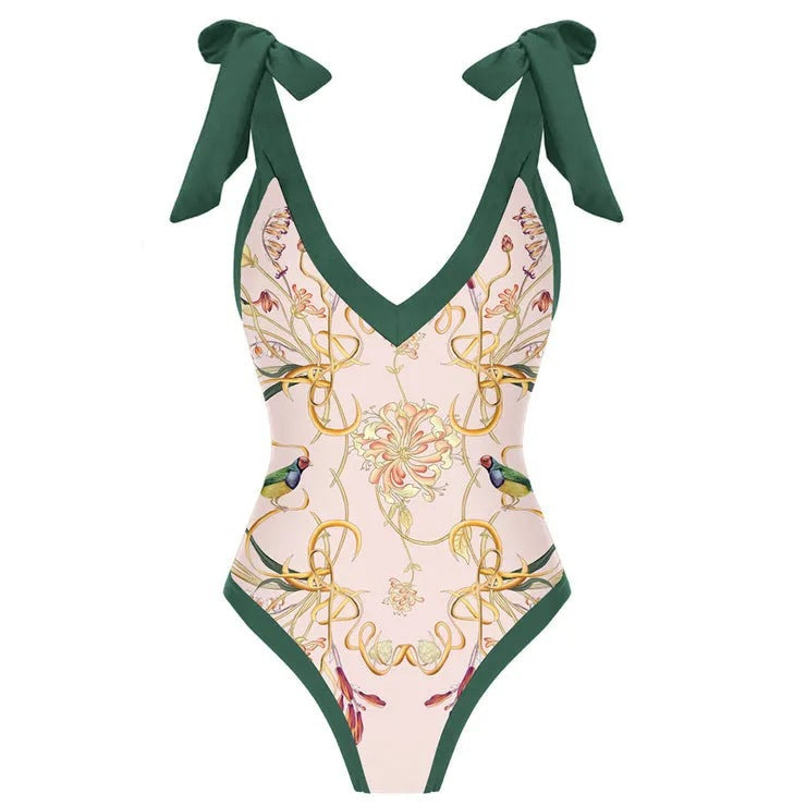 One Piece Bikini Slimming Retro Chiffon Maxi Dress Sunscreen Retro Print Swimsuit Two Piece
