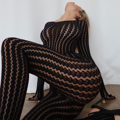 Sexy See through Summer Perspective Jumpsuit Seamless Striped Jacquard One Piece Long Sleeves One Piece Trousers