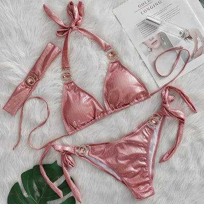 Sexy Bikini Crystal Diamond Three Piece Split Swimsuit Beach Shiny Women Swimsuit