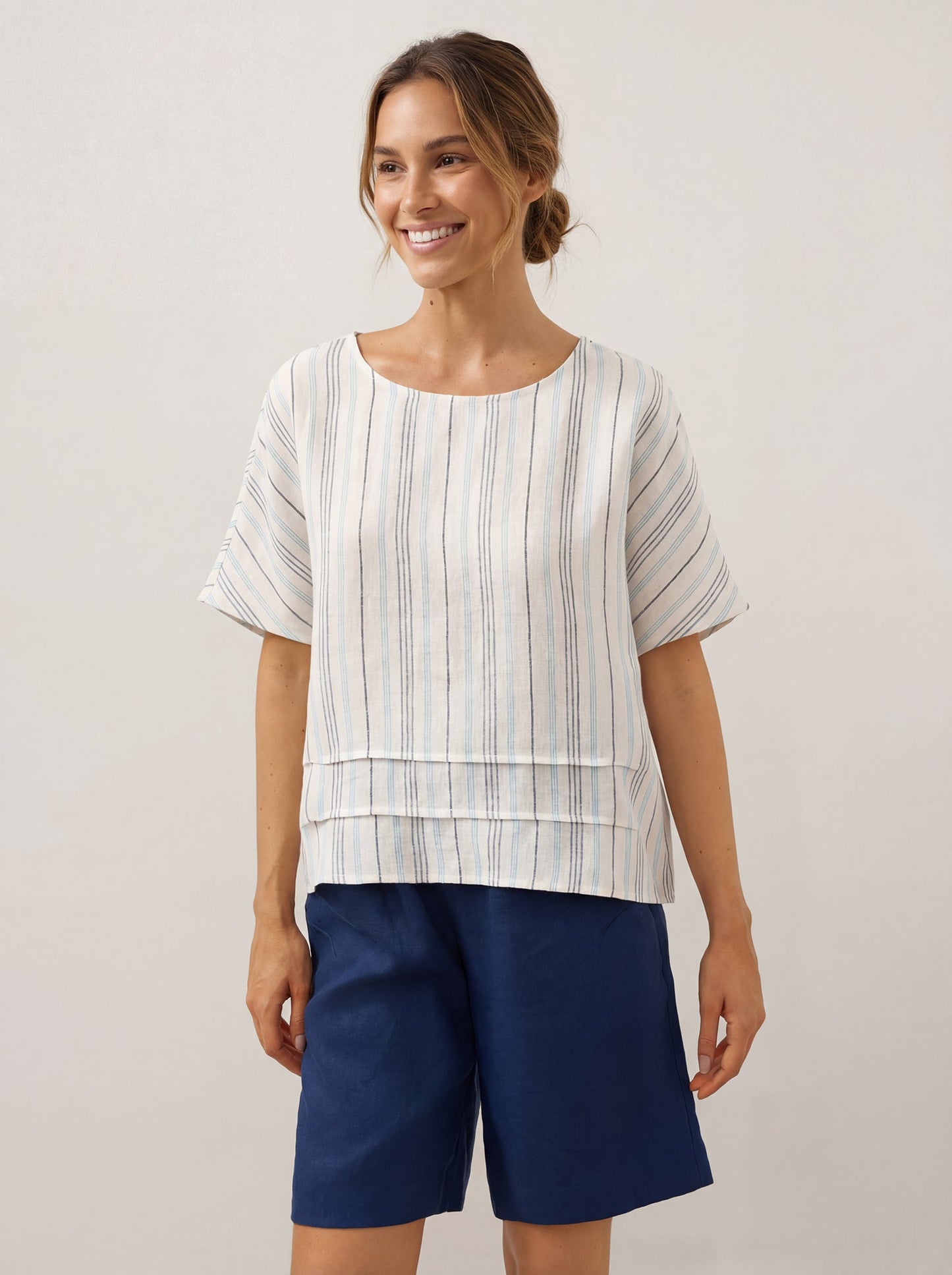 100% Linen Pleated Striped Pullover Top VIA