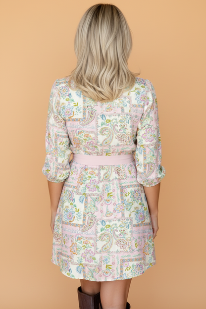 Boho Floral Colorblock 3/4 Sleeve Belted Mini Dress