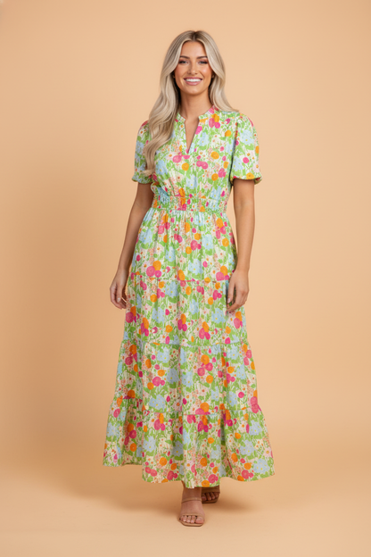 Floral V-Neck Short Puff Sleeve Maxi Dress