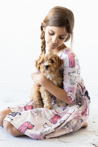 Puppy Party 3/4 Sleeve Pocket Twirl Dress