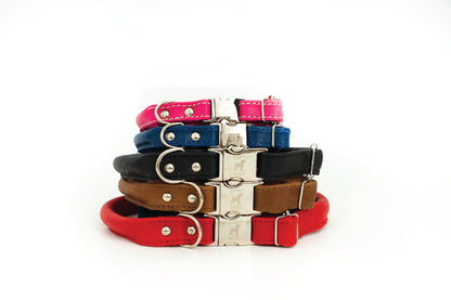 Rolled Style Blue Leather Quick-Release Dog Collar