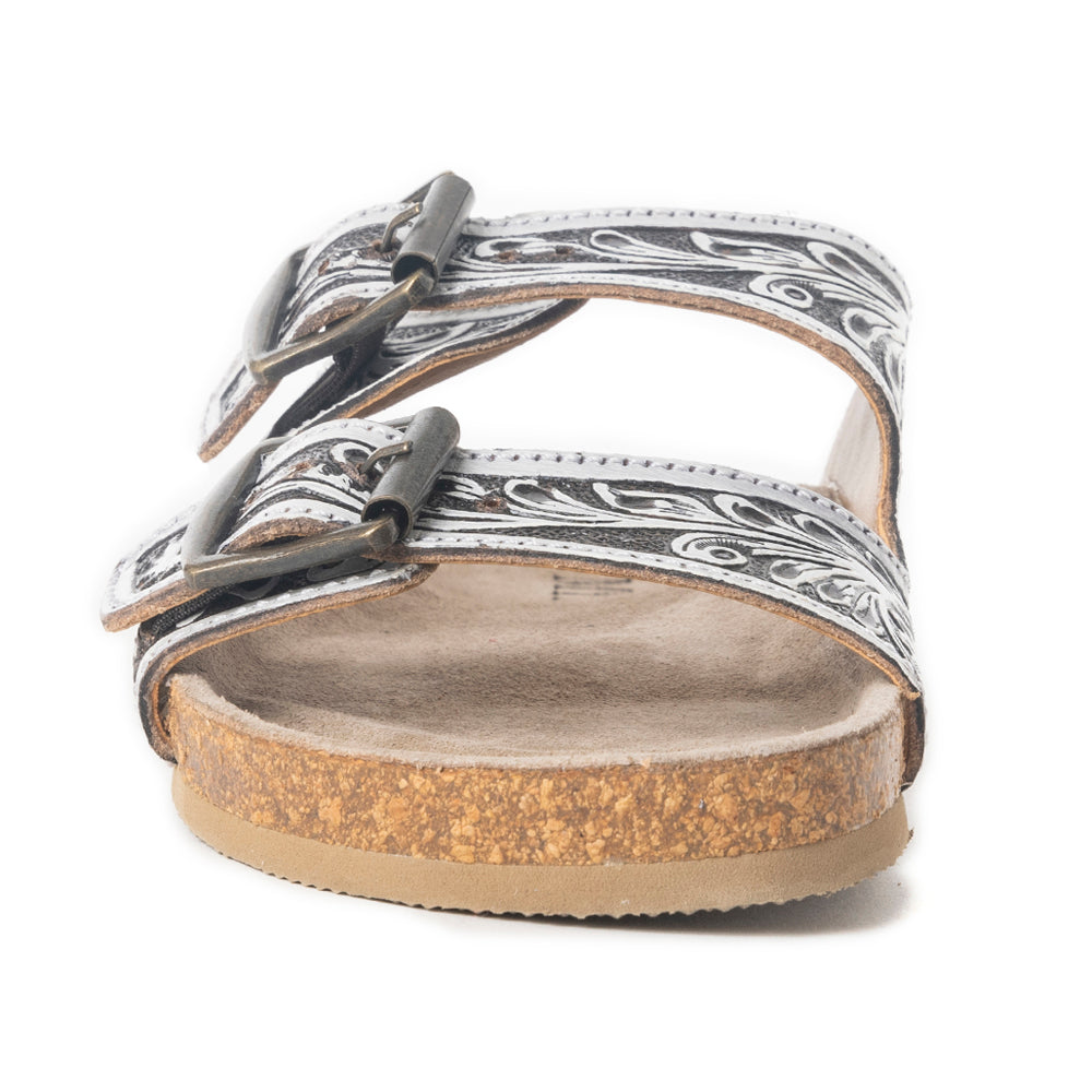 Mesa Scroll Handtooled Sandals in Brown & White