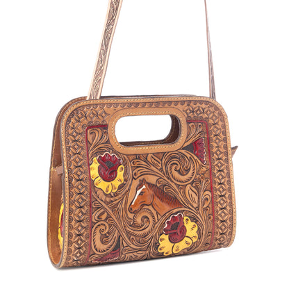 Myra Spirit Bloom Handtooled Leather Bag in Aged Mahogany