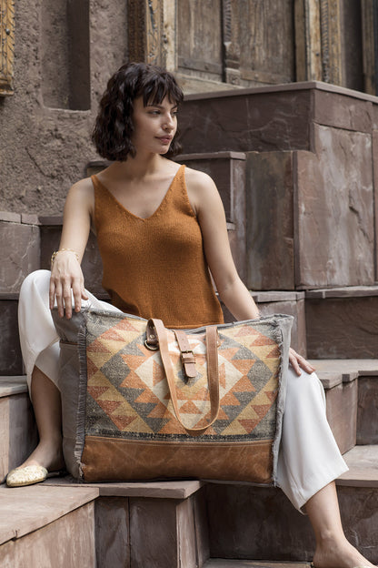 Myra Cosmopolitan Weekender Tote Bag Fringed Edges, Aztec Print Design with Buckle Flap Closure for Travel