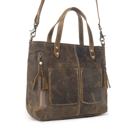 Myra Ultimate Choice Brown Suede Leather Handbag for Women Twin Top Handles, Crossbody Strap, Double Front Pockets