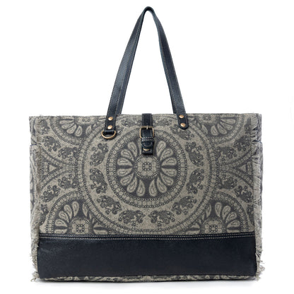 Myra Carmela Printed Canvas Weekender Bag â€“ Leather Handles with Buckle Strap, Spacious Travel Tote for Western Getaways