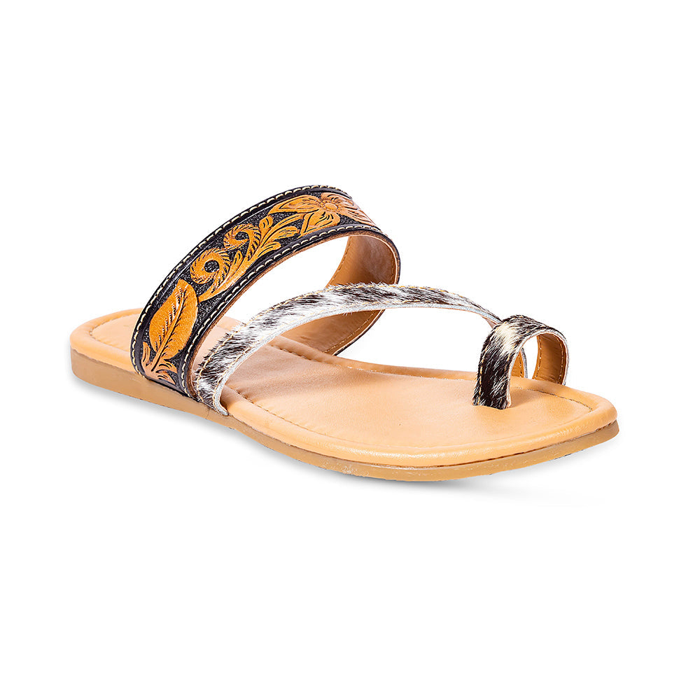 Myra Greta Lee Hair-On Leather Flip Flops for Women - Hand-Tooled Western Slippers with Flat Sole for Everyday Ease