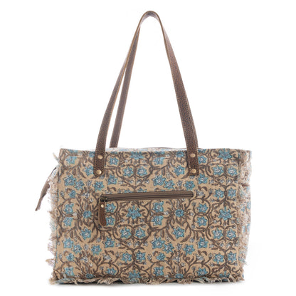 Myra San Ysidro Falls Floral Weekender Bag for Women â€“ Distressed Fabric, Leather Handles & Rustic Fringe Details