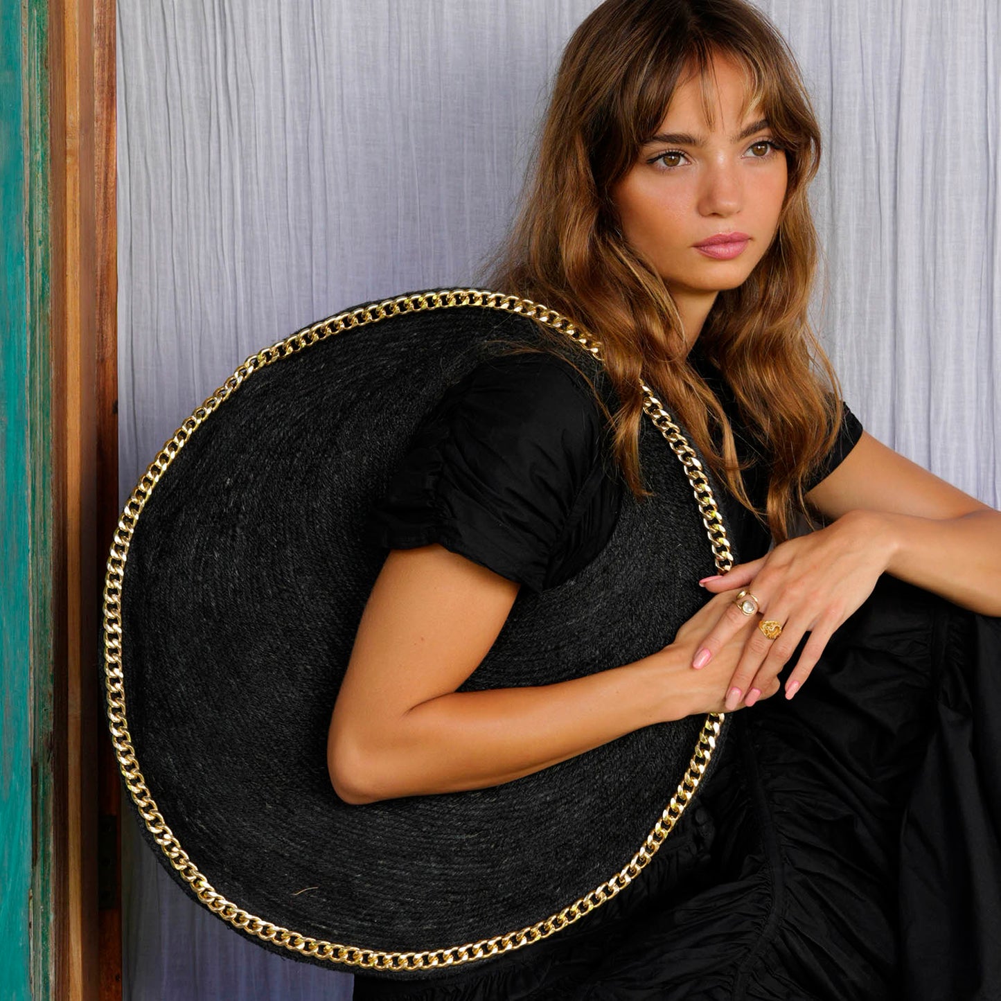 The Solo Fig Large Black Jute Bag With Gold Chain
