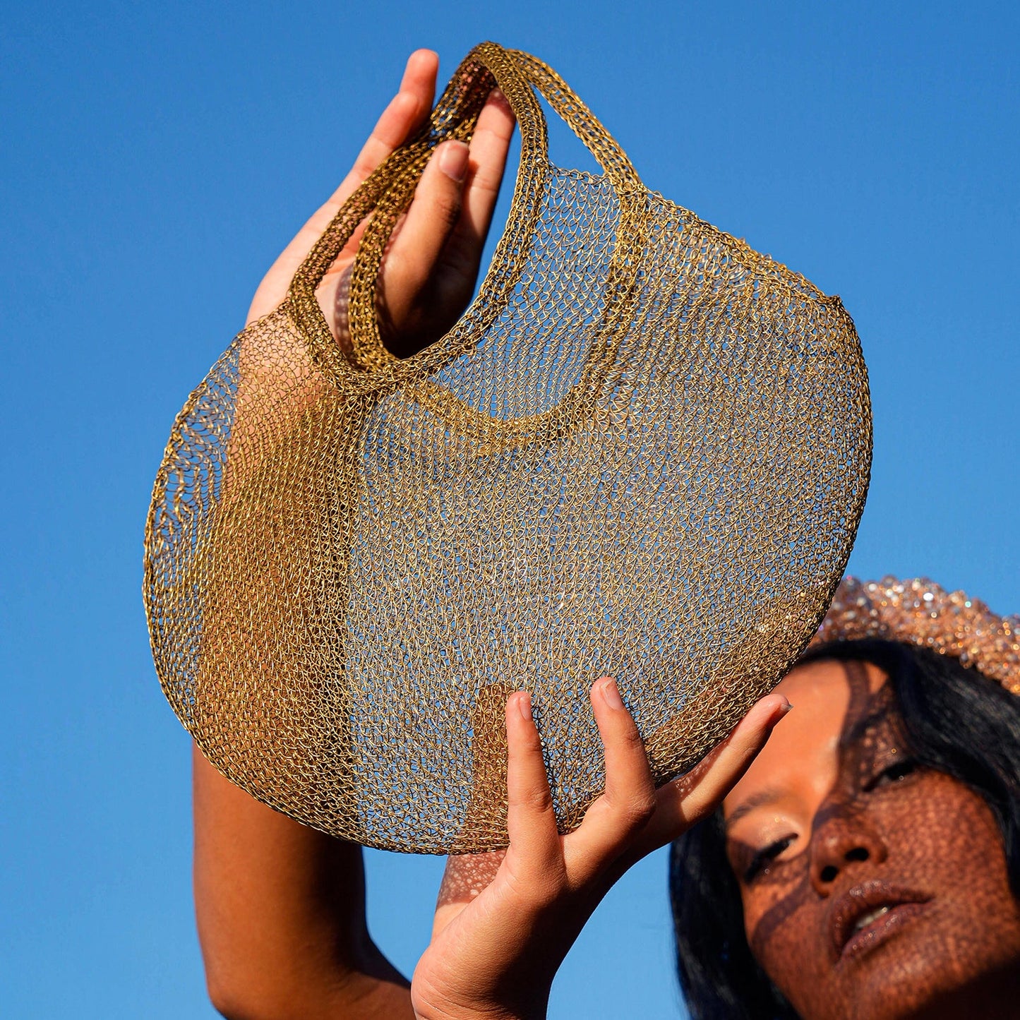 The Sol Mesh Wire Tote Bag in Dark Gold