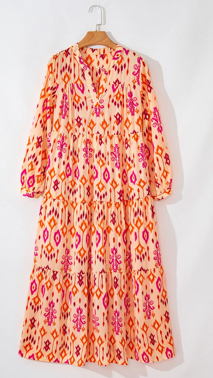 Western Abstract Geometric Long Sleeve Maxi Dress