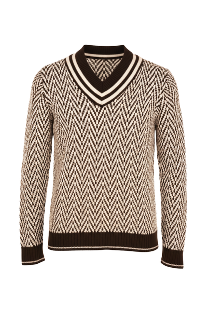 Fedeli Herringbone Virgin Wool V-Neck Knit Sweater