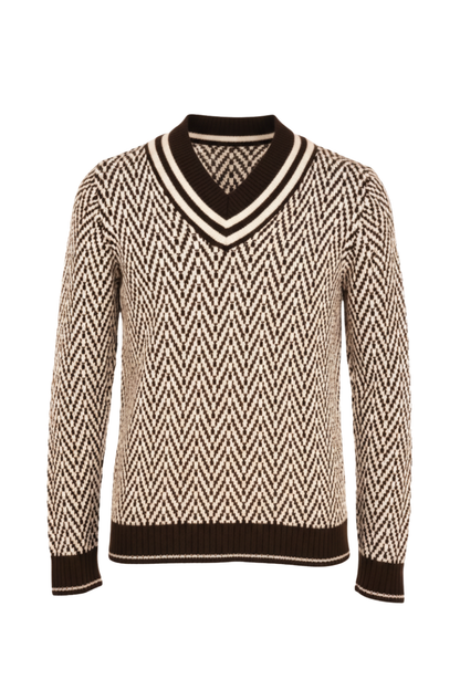 Fedeli Herringbone Virgin Wool V-Neck Knit Sweater