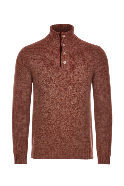 Fedeli Wool-Cashmere Marled Turtleneck Knit Quarter Button Up Sweater