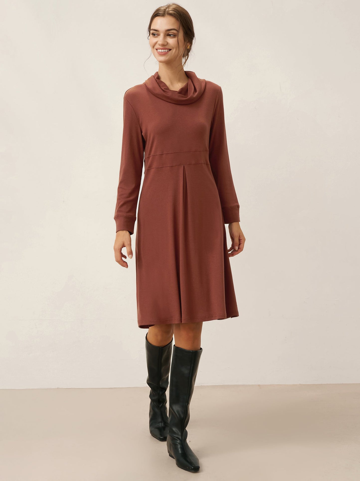 Lyocell Wool Draped Neck Stretch Midi Dress KIRA