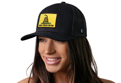 Dont Tread On Me Trucker Hat  |  Black Gadsden Flag Yellow Snapback