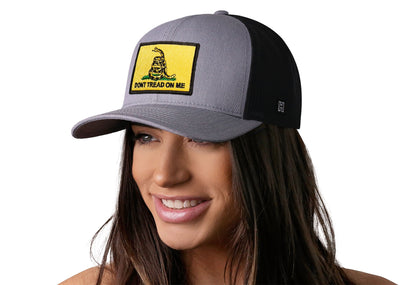 Dont Tread On Me Trucker Hat  |  Gray-Black Gadsden Flag Yellow Snapback