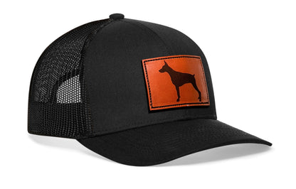 Doberman Trucker Hat Leather  |  Black Dog Snapback