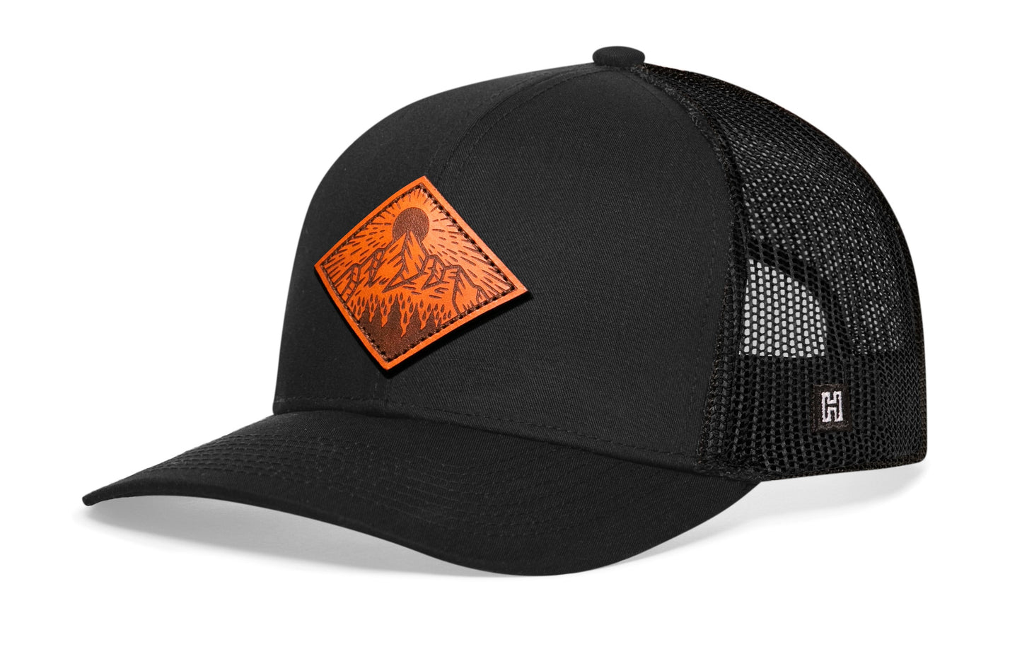 Diamond Mountain and Trees Trucker Hat Leather  |  Black Outdoors Snapback