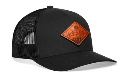 Diamond Mountain and Trees Trucker Hat Leather  |  Black Outdoors Snapback