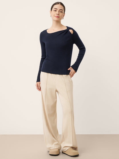 Merino Wool Knot Detail Asymmetric Cutout Top QUINNLEY