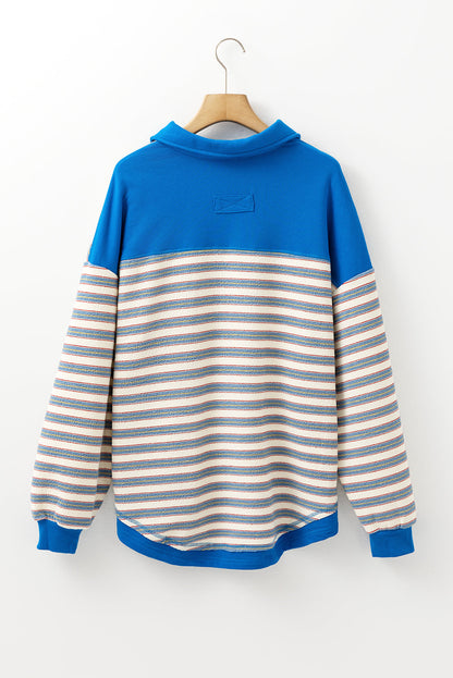 Stripe Buttoned Collared V-Neck Drop Shoulder Top