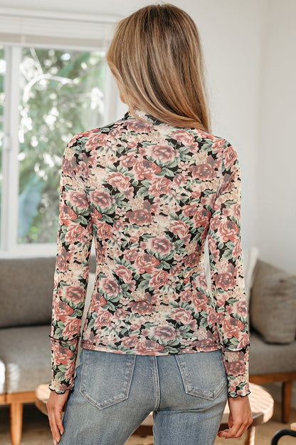 Floral Mesh Mock Neck Long Sleeve Top