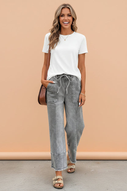 Denim Raw Hem Drawstring Wide Leg Pants