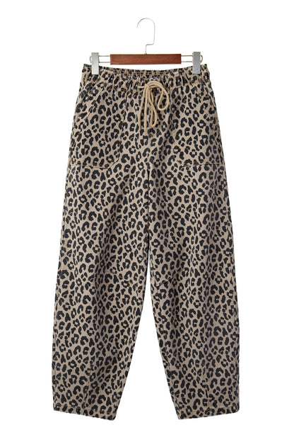 Leopard Denim Drawstring Elastic Waist Loose Pants