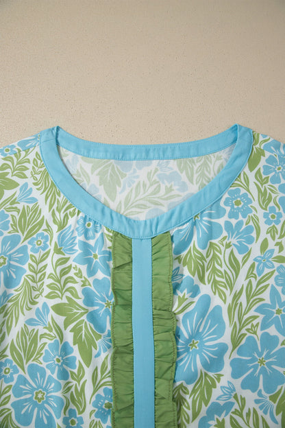 Floral Ruffle Colorblock Trim Short Sleeve Blouse