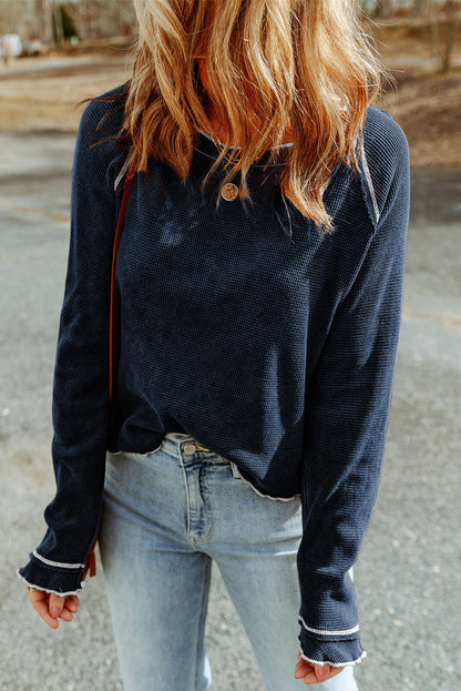 Solid Waffle Knit Round Neck Long Sleeve Top