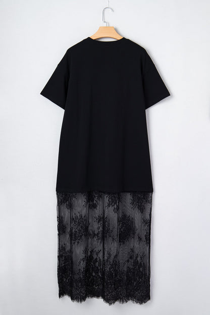 Solid Lace Patchwork Short Sleeve Maxi Dress