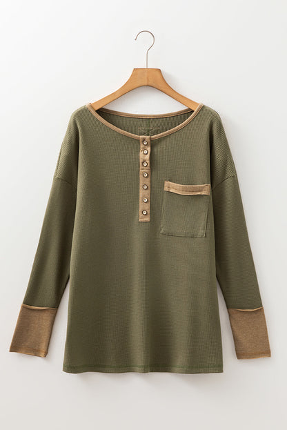 Colorblock Waffle Textured Henley Top