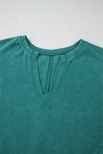 Solid Notched Neck Drop Shoulder Sweatshirt