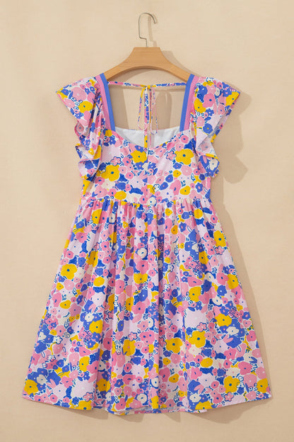 Floral Flutter Sleeve Square Neck Mini Dress