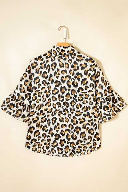 Leopard Ruffle Trim 3/4 Sleeve Buttoned Shirt