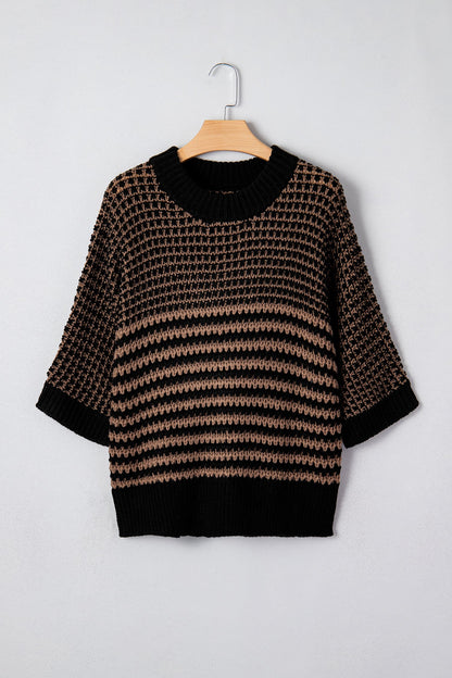 Stripe Draped 3/4 Sleeve Slouchy Sweater