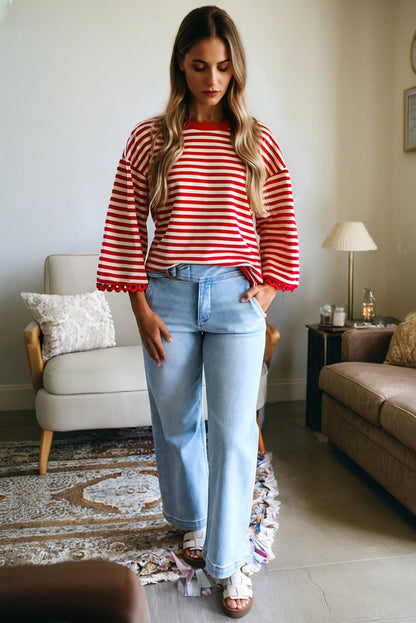 Stripe Lace Trim 3/4 Sleeve Top