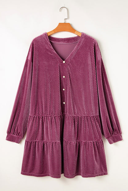 Plus Size Textured Velvet Buttoned Tiered Dress