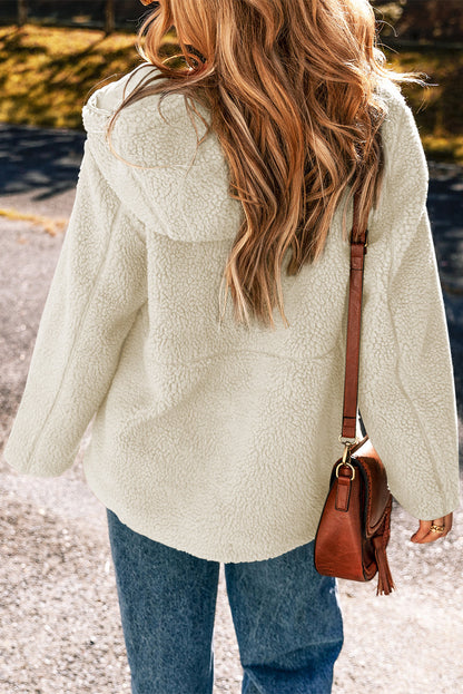 Solid Fleece Zip-Up Drawstring Pocketed Hooded Jacket