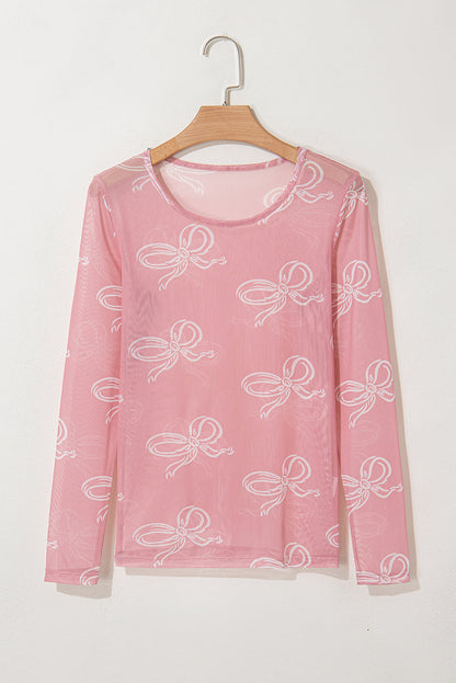 Bow Tie Mesh Long Sleeve Top