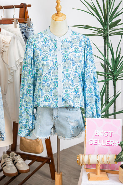 Paisley Long Puff Sleeve Buttoned Shirt