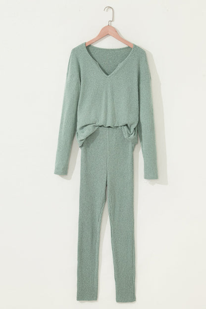Ribbed Knit Long Sleeve Top and Leggings Set