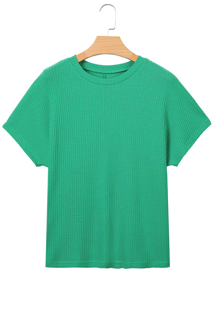 Solid Waffle Knit Dolman Short Sleeve Loose Top