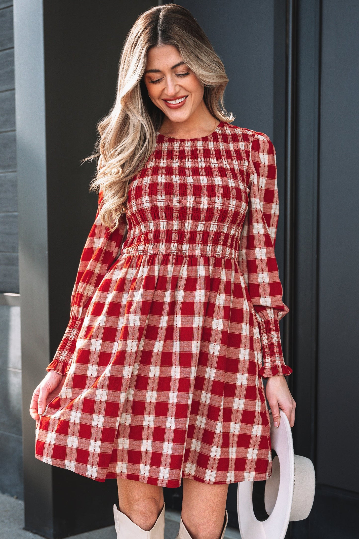 Gingham Plaid Smocked Puff Sleeve Mini Dress