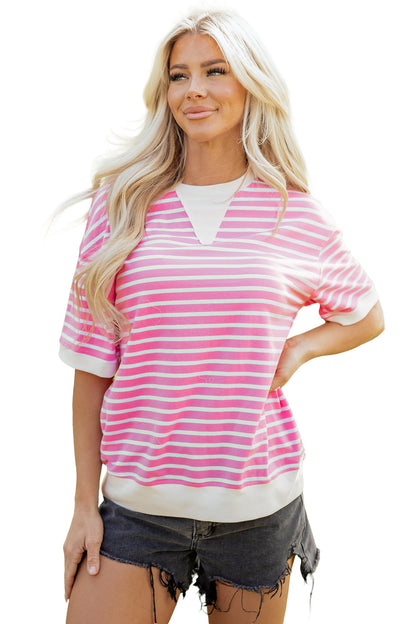 Stripe Colorblock Drop Shoulder Short Sleeve Top