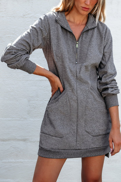 Solid Ribbed Patchwork Pocketed Sweatshirt Dress